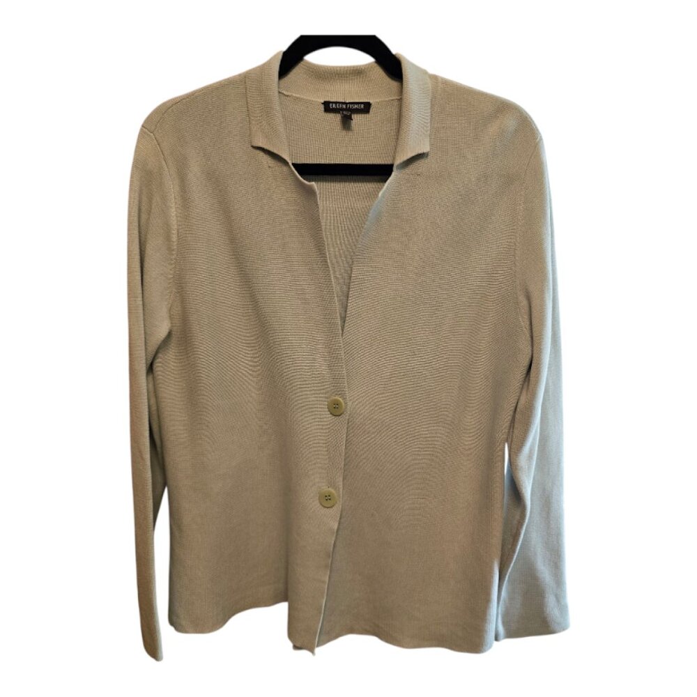 EILEEN FISHER SEAFOAM GREEN BLAZER CARDIGAN VNECK SILK COTTON BLEND TWO BUTTON